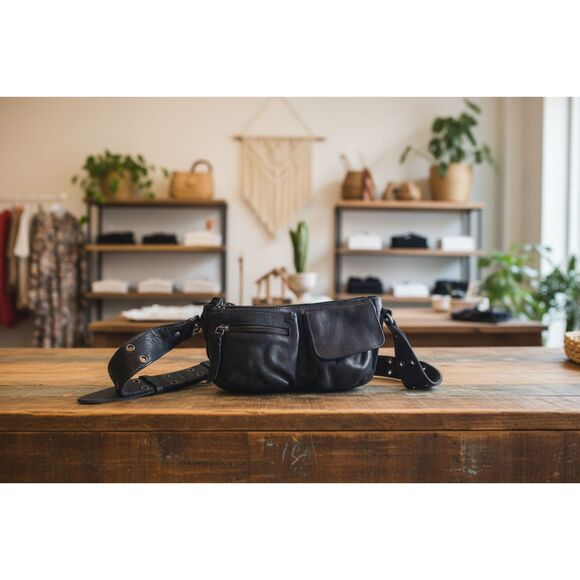 Free People Black Leather Crossbody Belt Bag - Convertible Hybrid Style - Picture 3 of 10